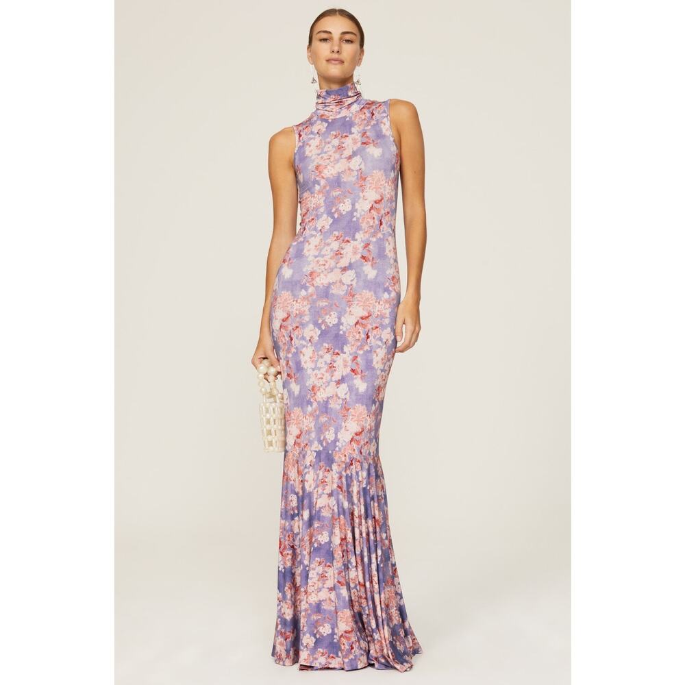 Caroline Constas Brigitta Blue Pink Floral Print Mock Neck Sleeveless Gown Sz L